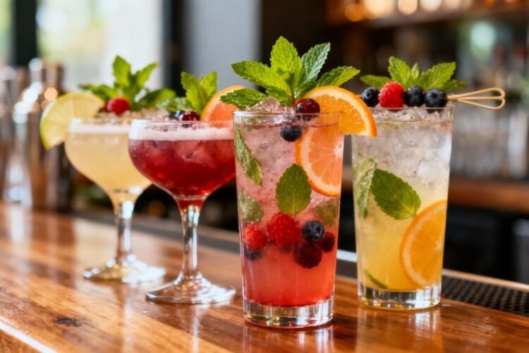 Colorful non-alcoholic cocktails with fresh garnishes on a bar.