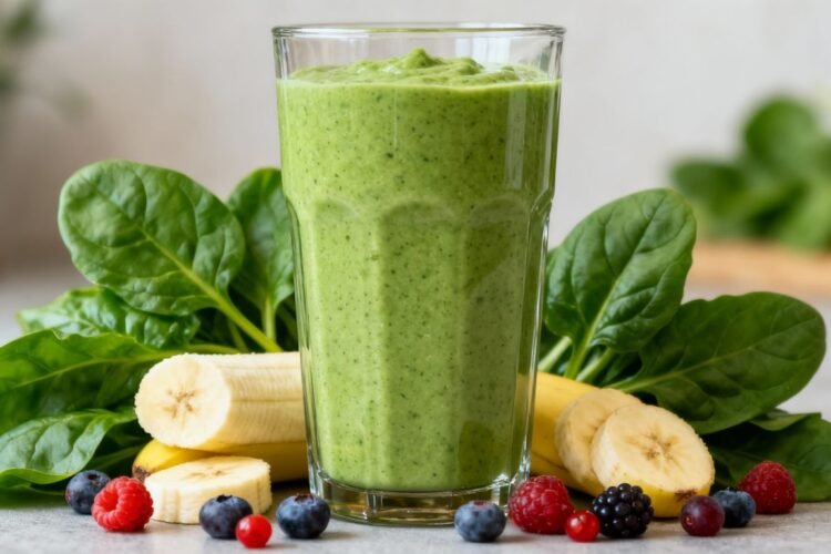 Healthy green smoothie with banana and berries.