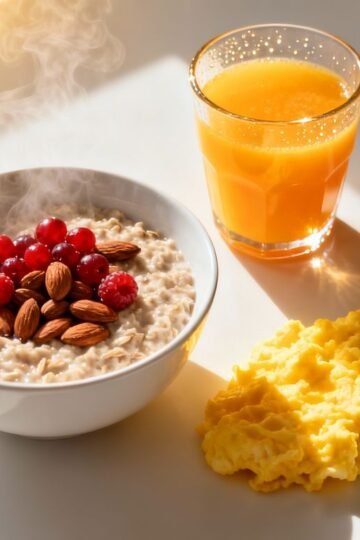 Healthy breakfast frozen meals with berries and juice.