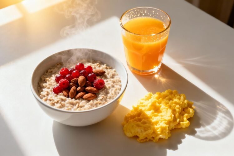 Healthy breakfast frozen meals with berries and juice.