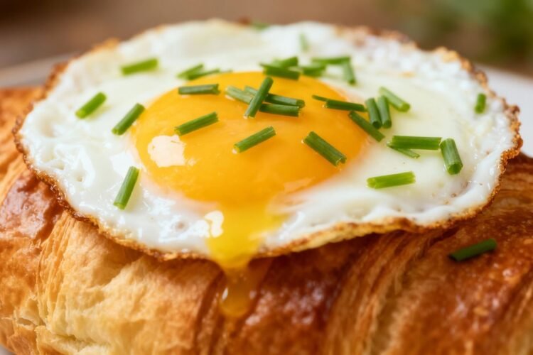Egg and croissant breakfast combination.