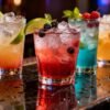 Colorful non-alcoholic cocktails with fruit garnishes on a bar.