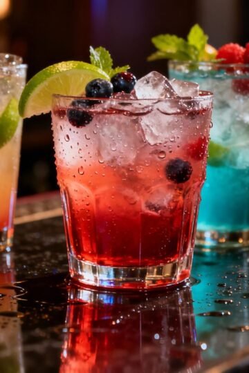 Colorful non-alcoholic cocktails with fruit garnishes on a bar.
