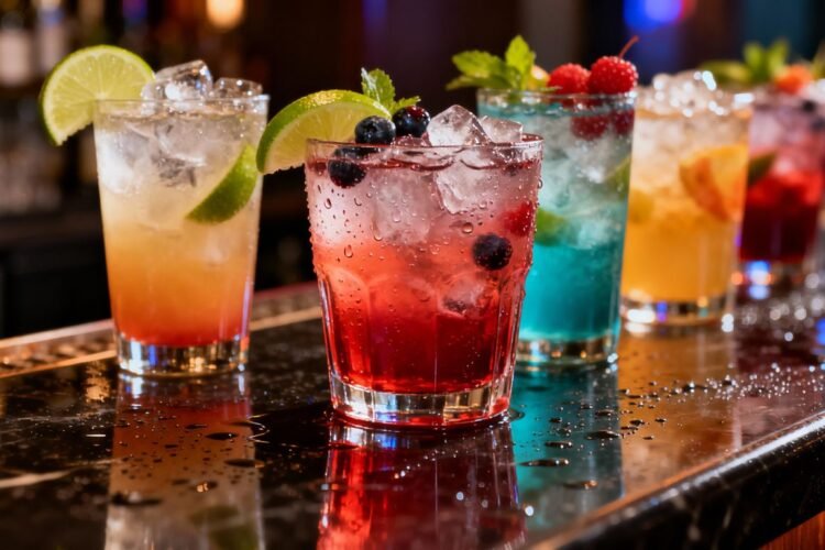 Colorful non-alcoholic cocktails with fruit garnishes on a bar.
