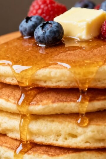 Healthy breakfast pancakes with berries and honey.