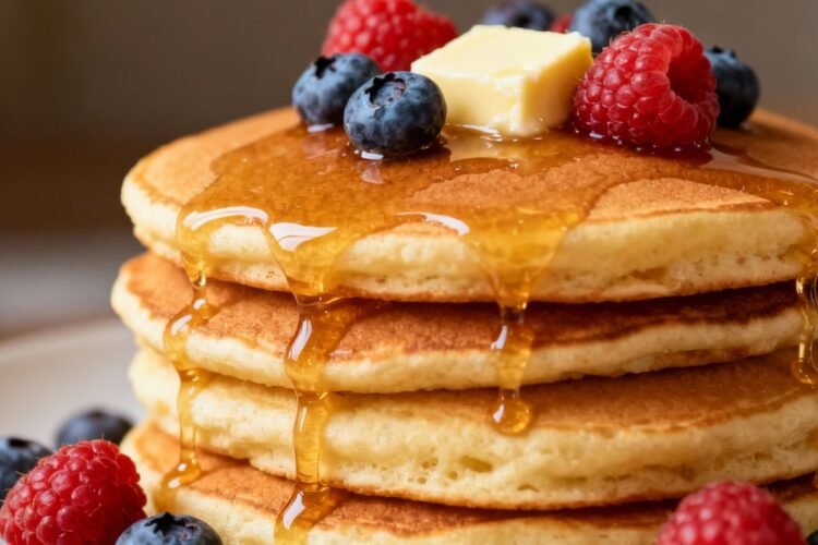 Healthy breakfast pancakes with berries and honey.