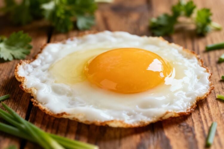 Healthy fried egg breakfast on a wooden table.
