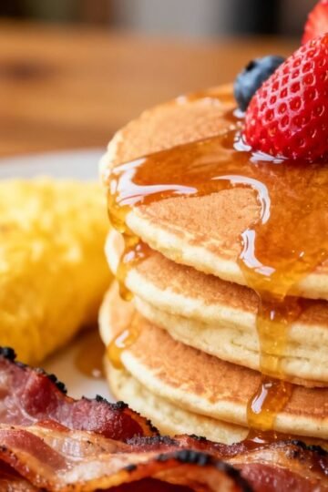 Delicious breakfast spread with pancakes, bacon, and omelet.