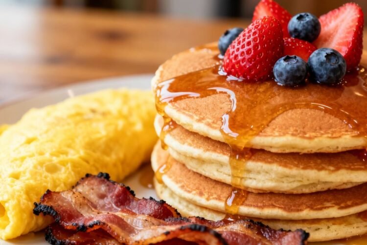Delicious breakfast spread with pancakes, bacon, and omelet.