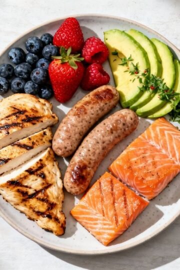 Healthy breakfast meats with fruits and avocado.
