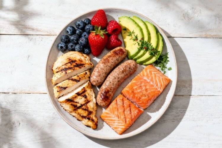 Healthy breakfast meats with fruits and avocado.