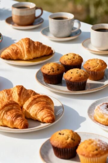 Breakfast meeting spread with pastries and coffee.