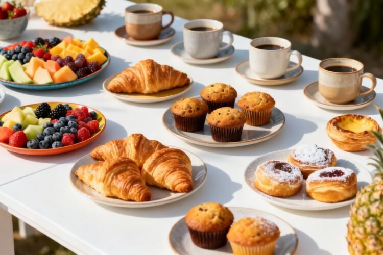 Breakfast meeting spread with pastries and coffee.