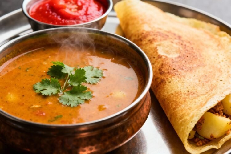 South Indian food spread with dosa, sambar, and chutney.