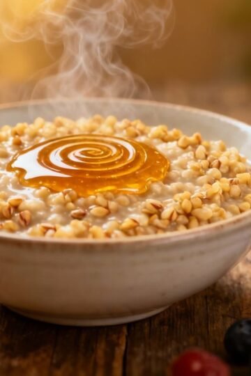Bowl of buckwheat porridge with berries and honey.