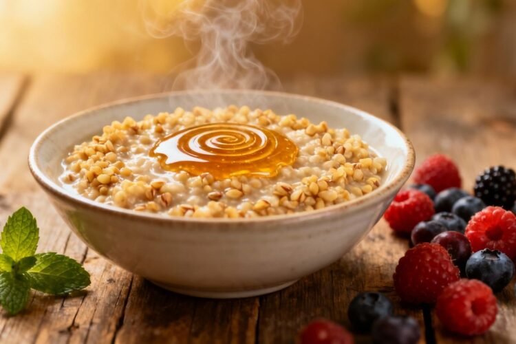Bowl of buckwheat porridge with berries and honey.