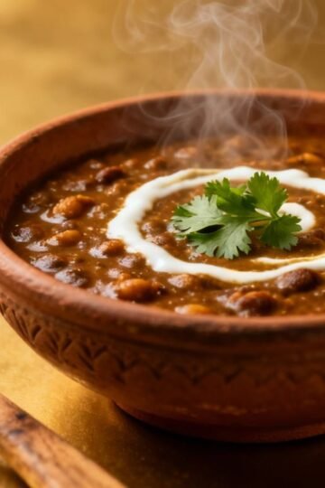 Steaming bowl of dal makhani with cream and cilantro.