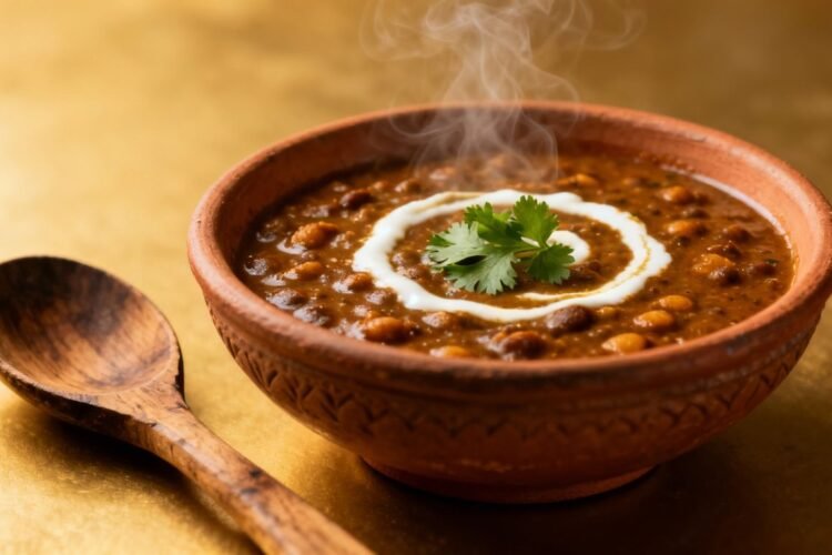 Steaming bowl of dal makhani with cream and cilantro.