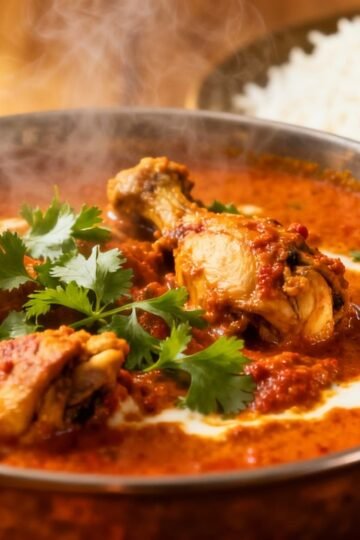 Authentic Indian chicken curry with rice and cilantro.