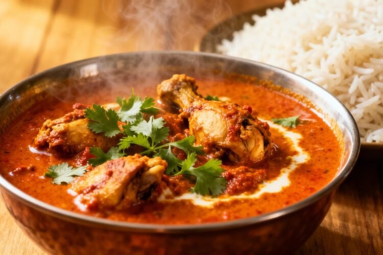 Authentic Indian chicken curry with rice and cilantro.