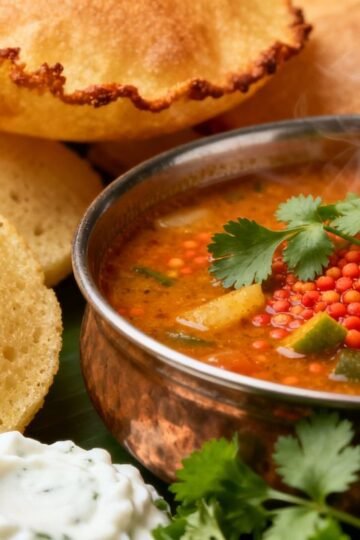 Traditional Indian breakfast spread with idli, puri, and sambar.