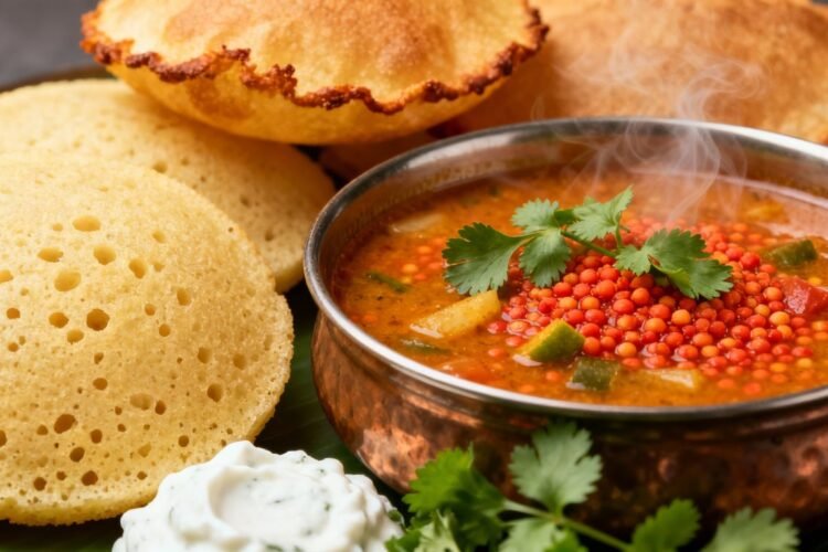 Traditional Indian breakfast spread with idli, puri, and sambar.