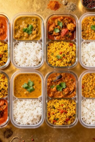 Indian food meal prep containers on a kitchen counter.