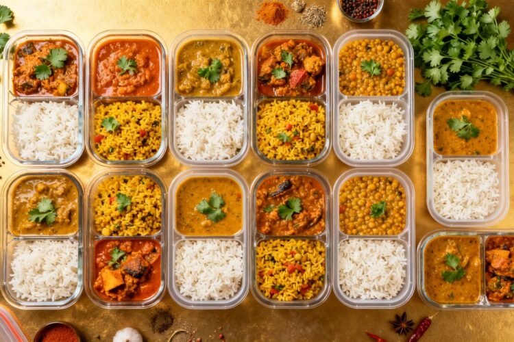 Indian food meal prep containers on a kitchen counter.