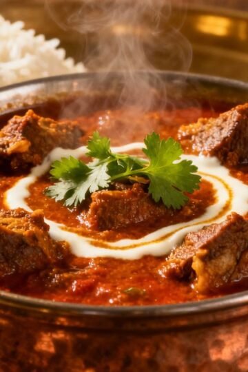 Mutton curry with rice and naan bread.