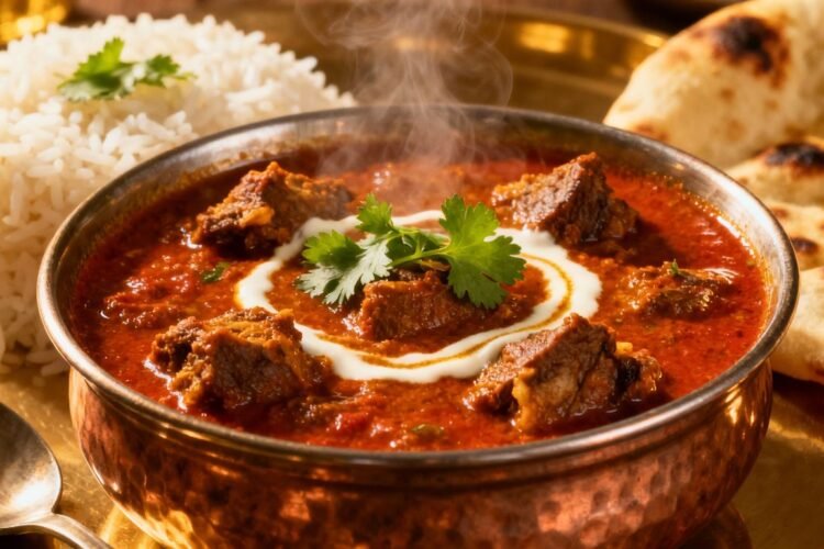 Mutton curry with rice and naan bread.