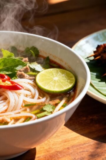 Authentic Laotian breakfast dishes: noodle soup, sticky rice, grilled meat.