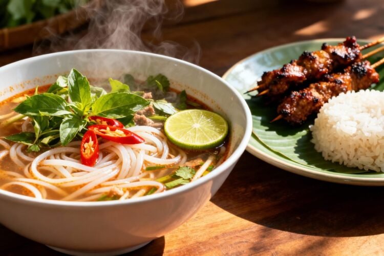 Authentic Laotian breakfast dishes: noodle soup, sticky rice, grilled meat.