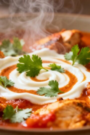 Restaurant-style butter chicken in a bowl with cilantro.