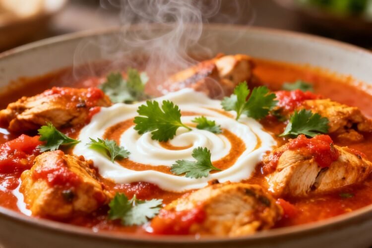 Restaurant-style butter chicken in a bowl with cilantro.
