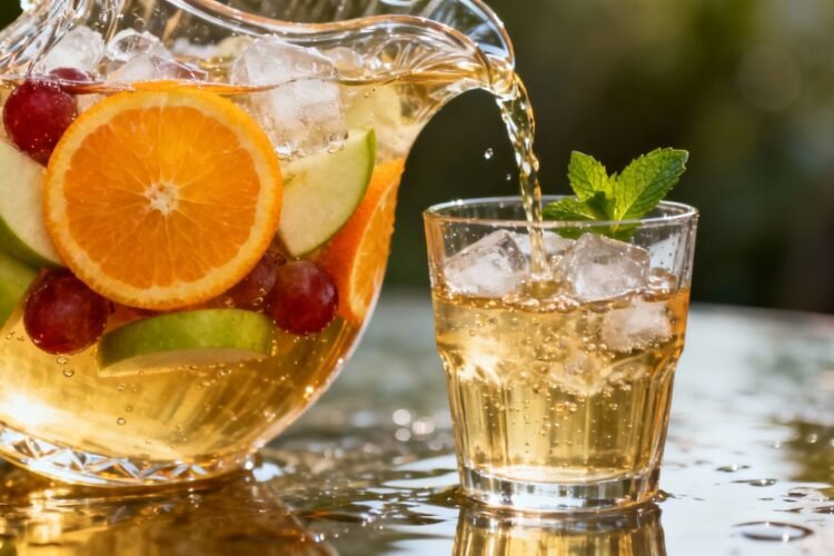 Chardonnay sangria pitcher with fruit and ice.