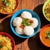 Healthy Indian breakfast dishes like poha, idli, and upma.