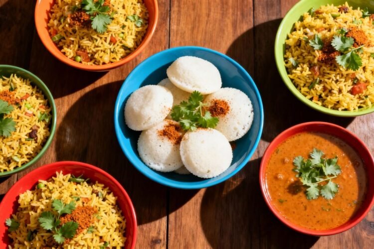 Healthy Indian breakfast dishes like poha, idli, and upma.