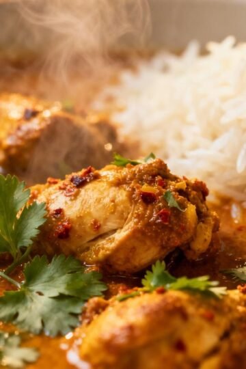 Authentic Desi chicken curry in a bowl with rice.