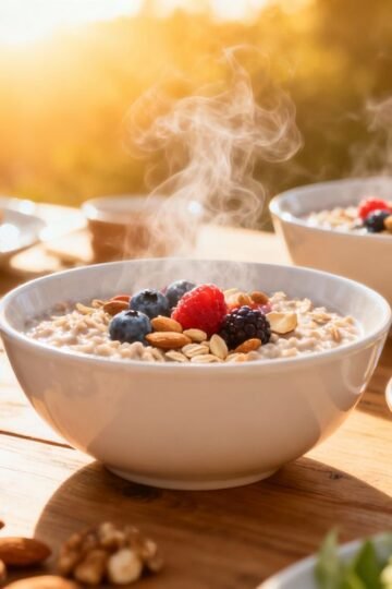 Healthy breakfast spread with fruits, oatmeal, and avocado toast.
