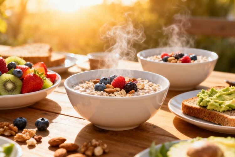 Healthy breakfast spread with fruits, oatmeal, and avocado toast.