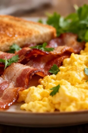 Delicious breakfast plate with eggs and bacon.