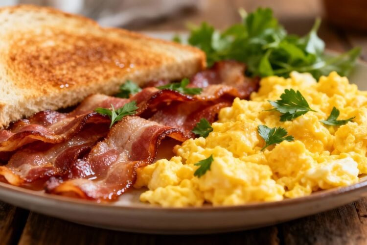Delicious breakfast plate with eggs and bacon.
