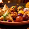 Colorful Diwali appetizers arranged on a festive platter.