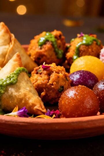 Colorful Diwali appetizers arranged on a festive platter.
