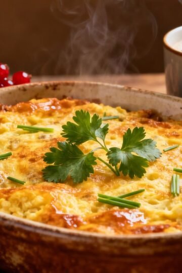 Healthy breakfast casserole with fresh herbs and berries.
