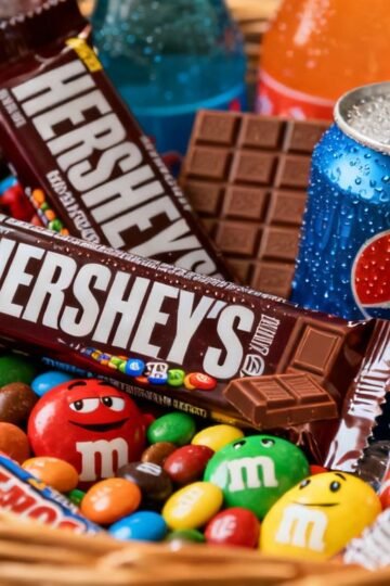 American sweets and drinks hamper overflowing with treats.