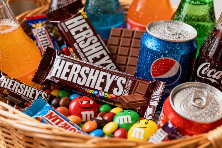 American sweets and drinks hamper overflowing with treats.