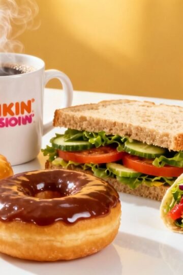 Dunkin' Donuts breakfast spread with coffee and donuts.