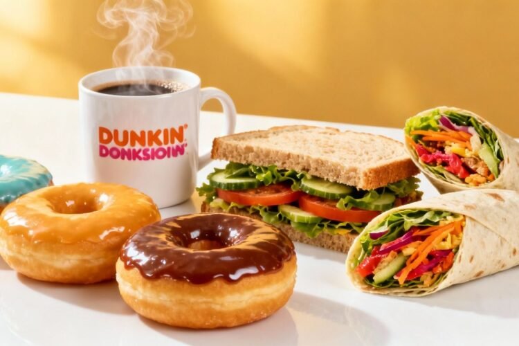 Dunkin' Donuts breakfast spread with coffee and donuts.