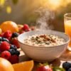 Healthy breakfast foods: fruits, oatmeal, and juice.